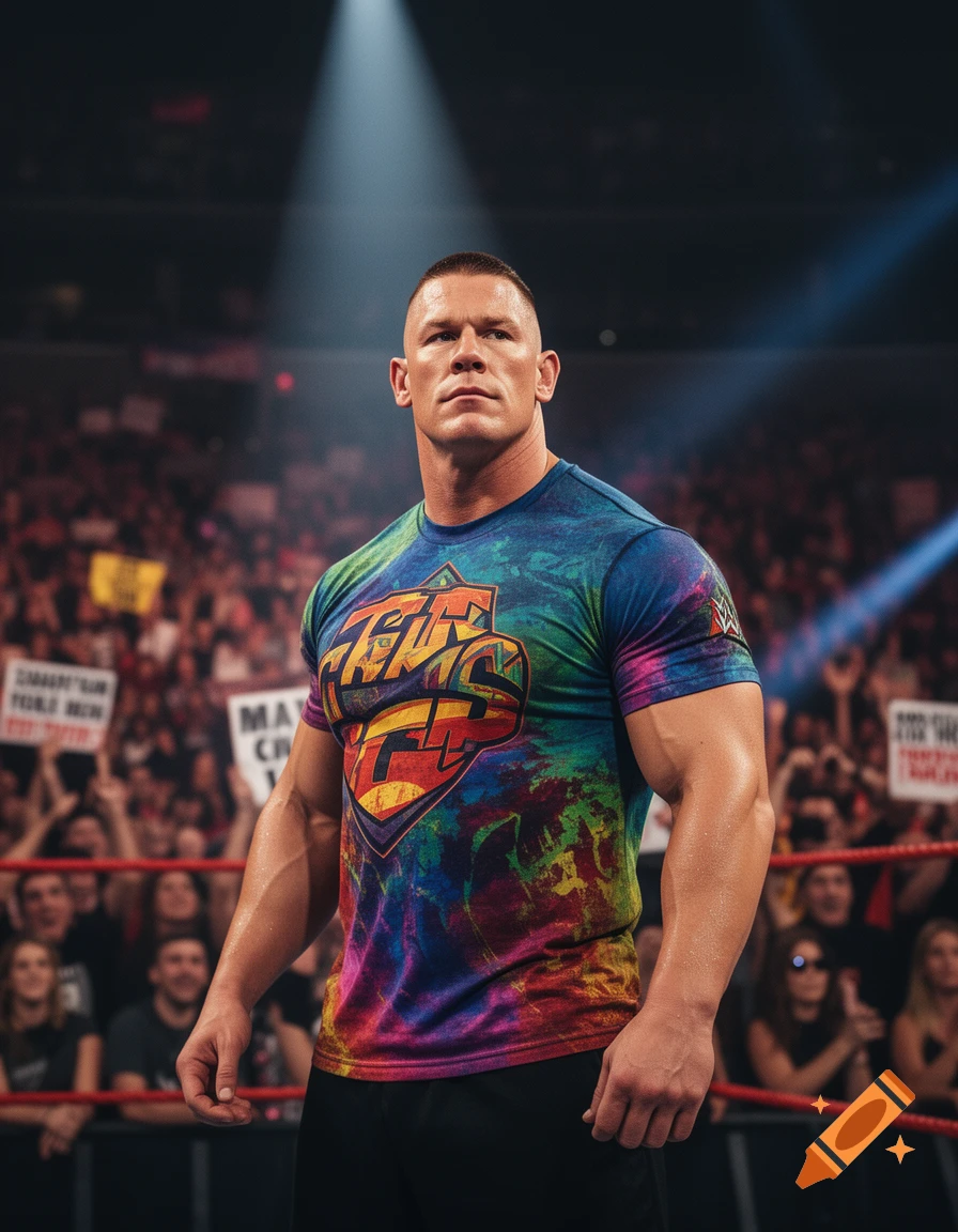 Muscular John Cena in a colorful tie-dye t-shirt stands confidently in a brightly lit wrestling ring before a cheering crowd.