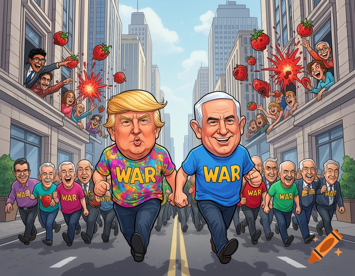 Cartoon caricatures of Donald Trump and Benjamin Netanyahu lead a march, wearing 'WAR' shirts as people in building windows throw tomatoes at them in a city street.