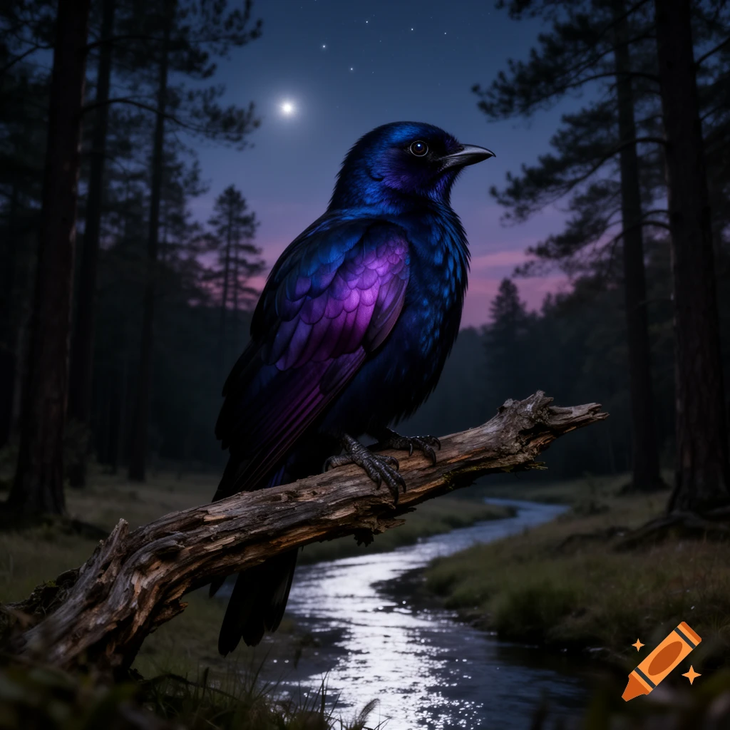 A nocturnal bird with iridescent blue and purple feathers perches on a branch above a moonlit stream in a dark forest.