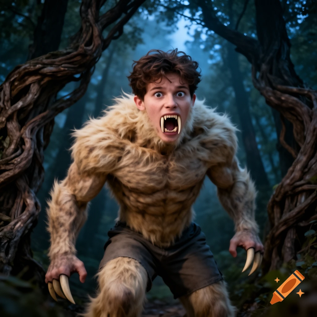 A young man with a human face transforms into a furry, muscular creature with large fangs and claws in a dark, misty forest.