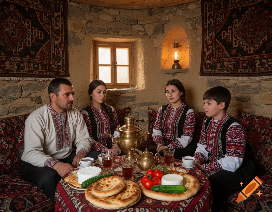 A Lezgin family in traditional clothing sits around a low table with bread, cheese, and tea in a stone and clay traditional home.