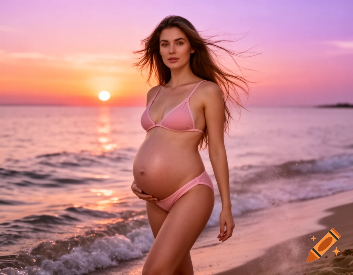 A pregnant woman in a pink bikini stands on a beach at sunset, looking directly at the camera. The sky is a vibrant pink and orange.