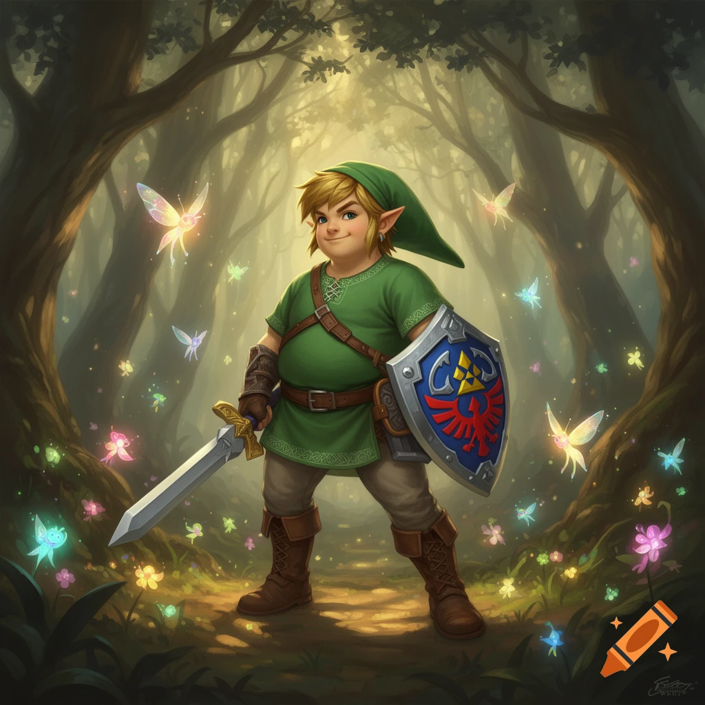 A chubby Link from Zelda, with a sword and shield, stands in a magical forest filled with glowing fairies.