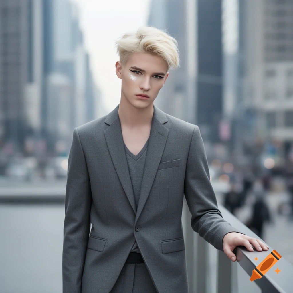 A young person with blond hair, eyeliner, and glitter makeup wears a grey suit, standing in a city with blurred buildings.