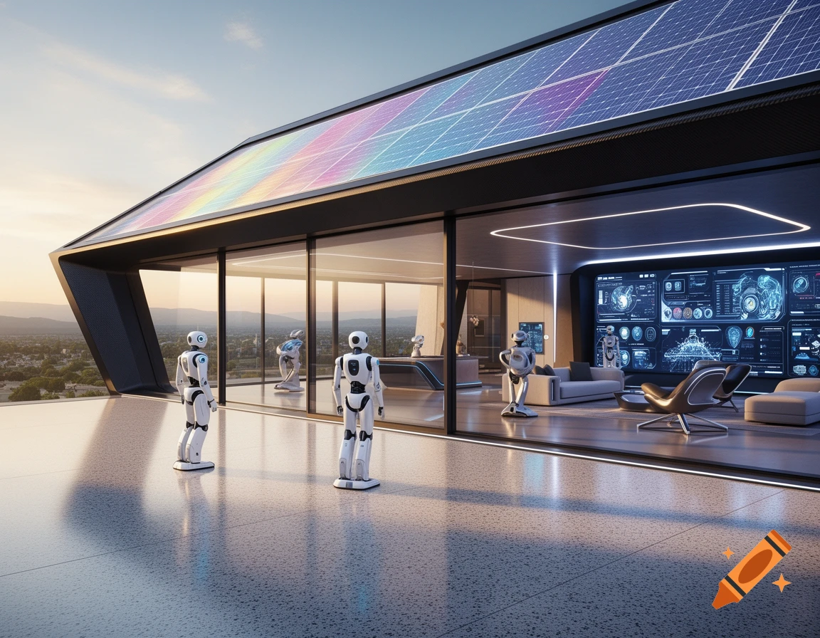 A modern house with a rainbow solar panel roof, featuring multiple robots both inside and on the terrace, with large screens displaying data.