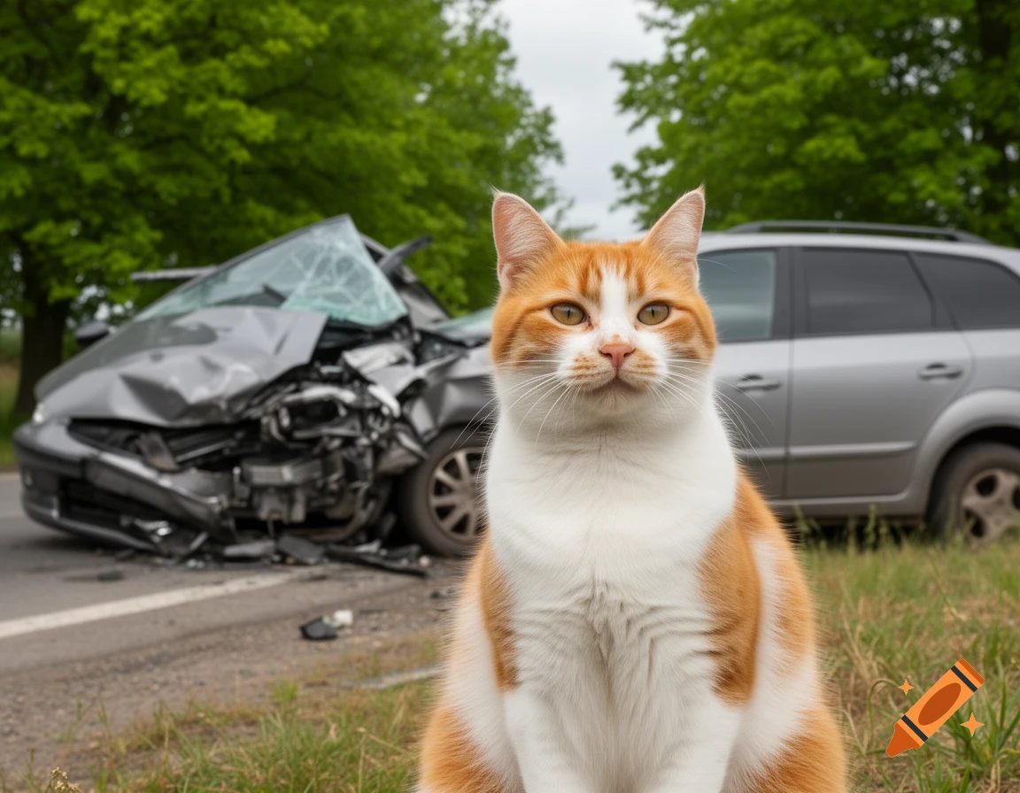 An orange and white cat sits prominently in the foreground with a severely crashed gray car and a silver SUV in the background, alongside a road with green trees.