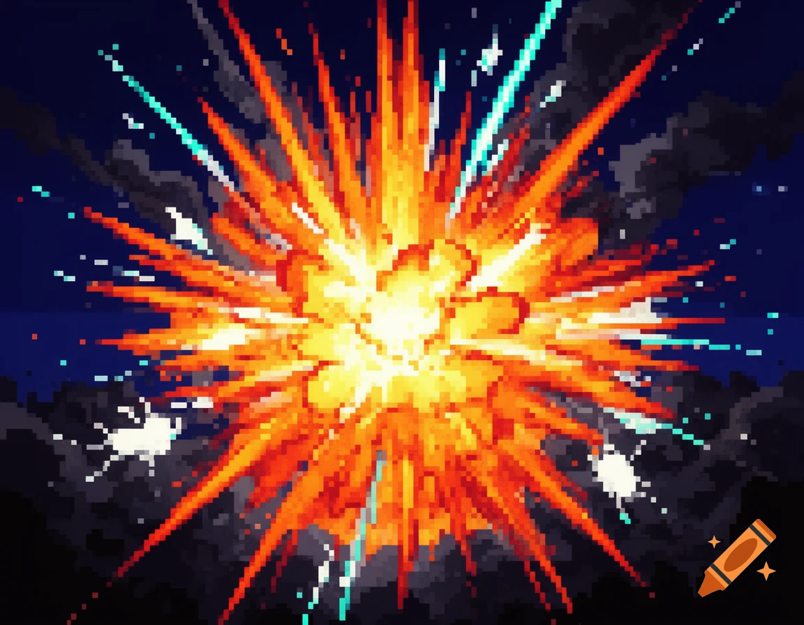 A vibrant pixel art explosion with orange, yellow, and red flames radiating against a dark background.