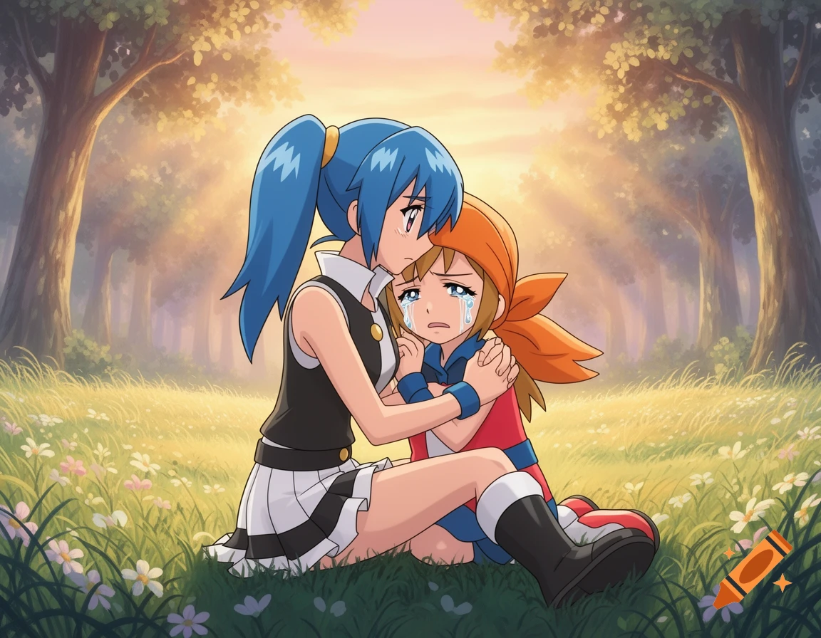 An anime girl with blue hair comforts a crying orange-haired girl in a sunny forest.