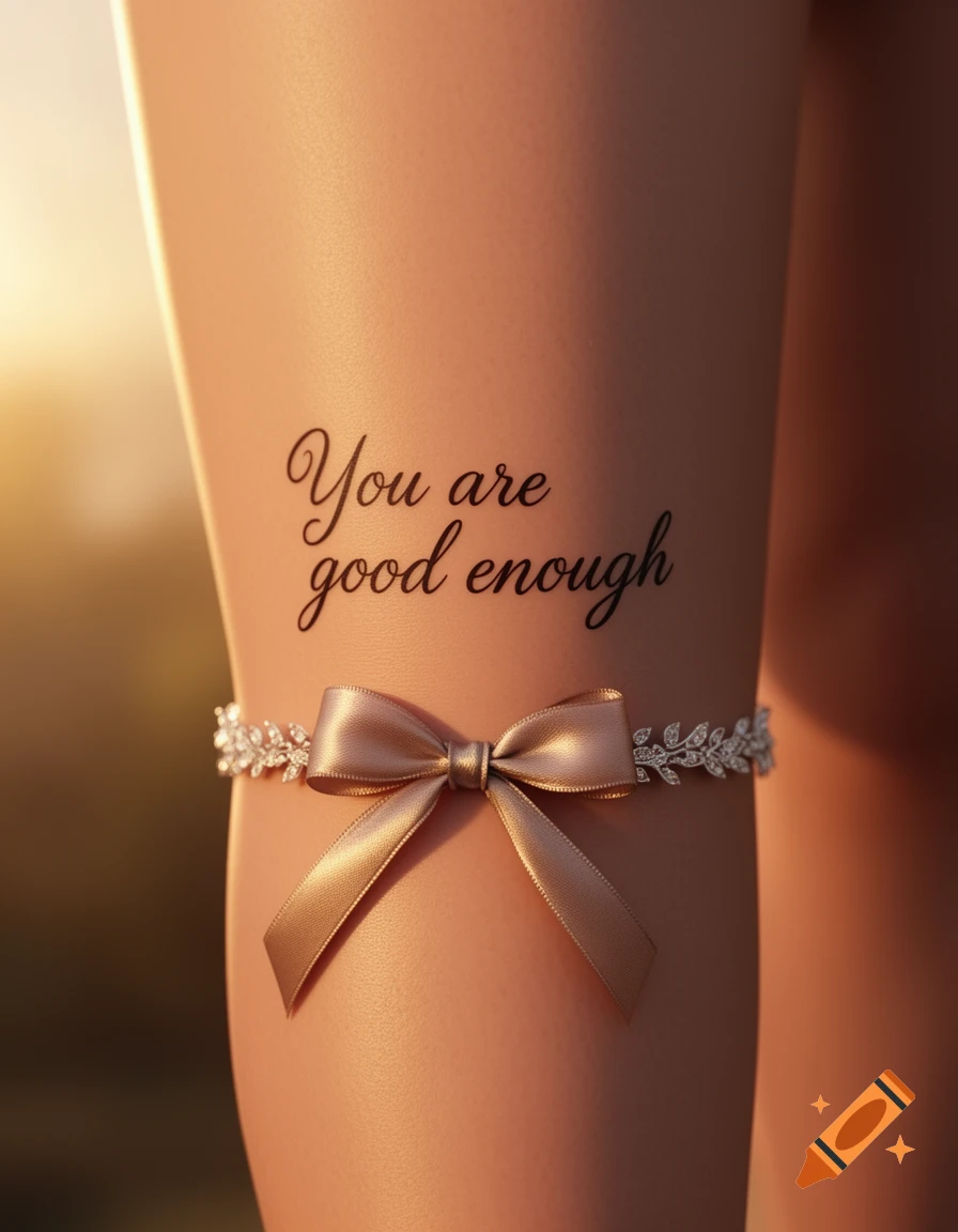 Close-up of an upper thigh with a tattoo reading "You are good enough" and a garter featuring a golden bow and leaf-like embellishments.