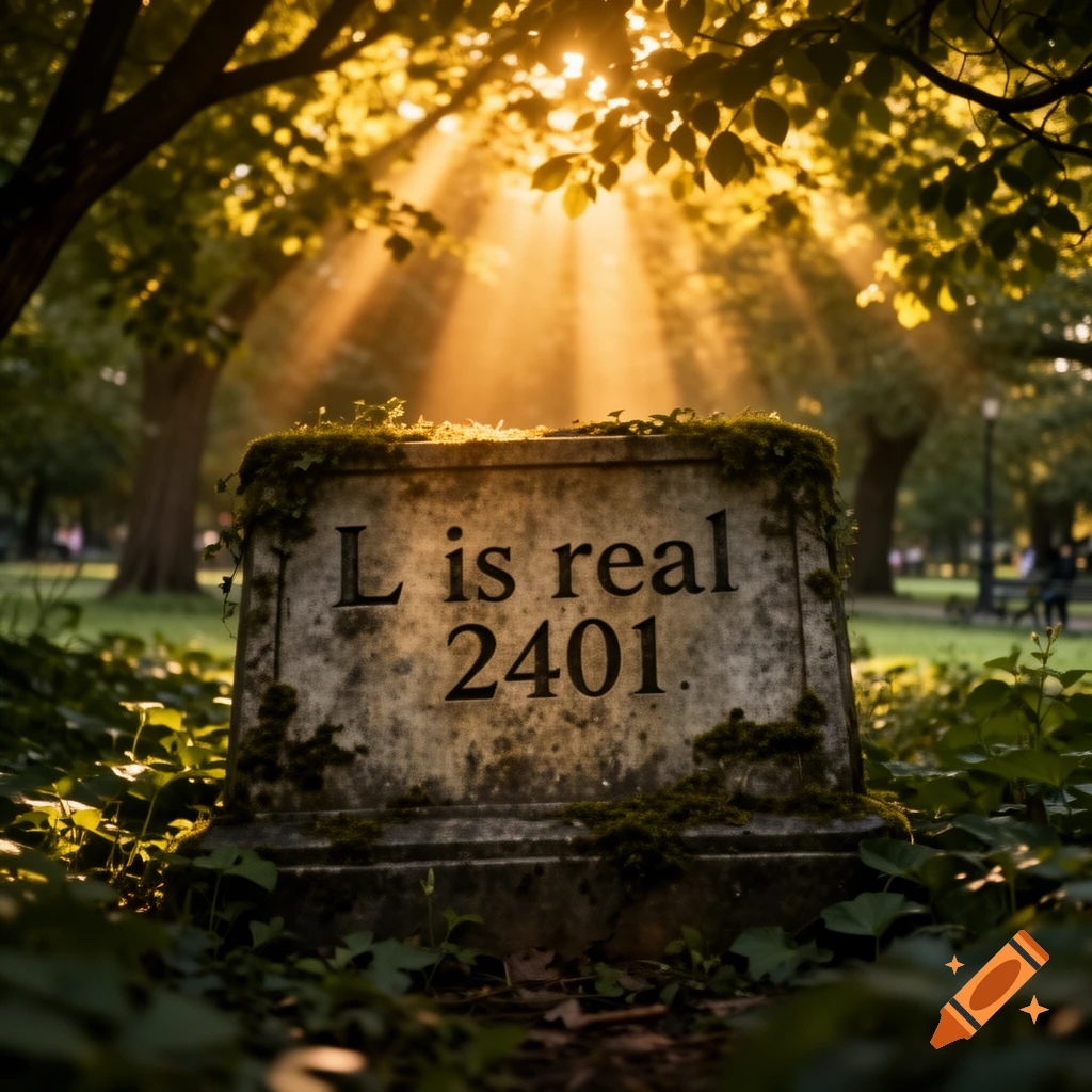 Photorealistic image of a mossy stone monument in a sun-dappled park, etched with 'L is real 2401'.