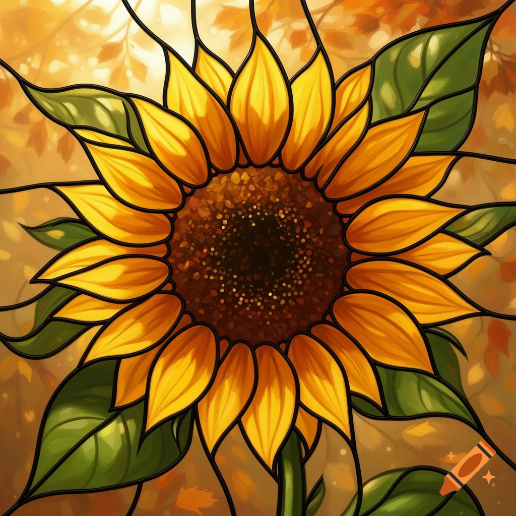 A vibrant stained-glass sunflower with yellow petals and green leaves against a warm, autumnal background.