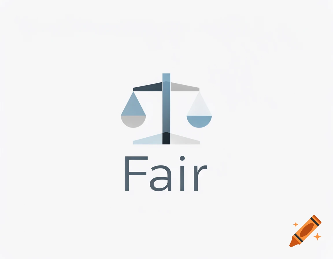 A minimalist icon depicting a blue and gray scale of justice with the word 'Fair' written below it on a white background.