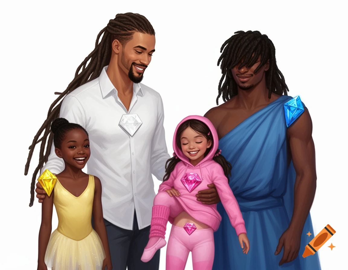 Digital illustration of two smiling men with dreadlocks and two smiling young girls with diamond symbols on their clothes, on a white background.