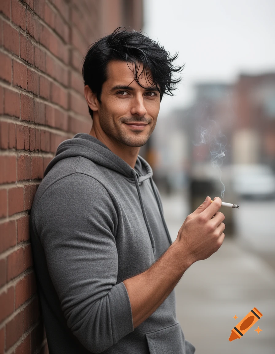 Photorealistic portrait of a handsome man with messy black hair, smiling while leaning against a brick wall and smoking a cigarette.