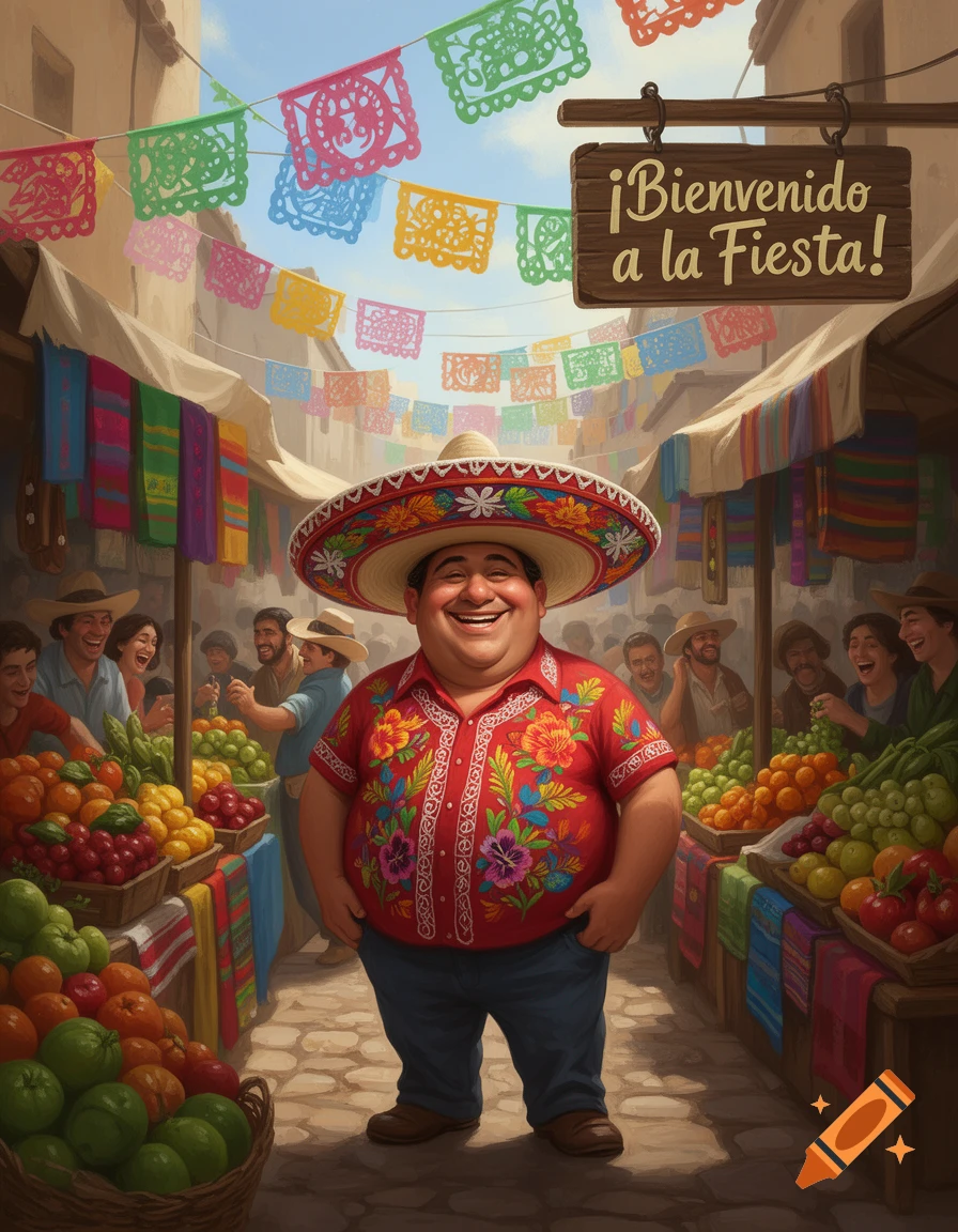 A happy, stout Mexican man in a sombrero and floral shirt smiles in a bustling market under colorful banners.