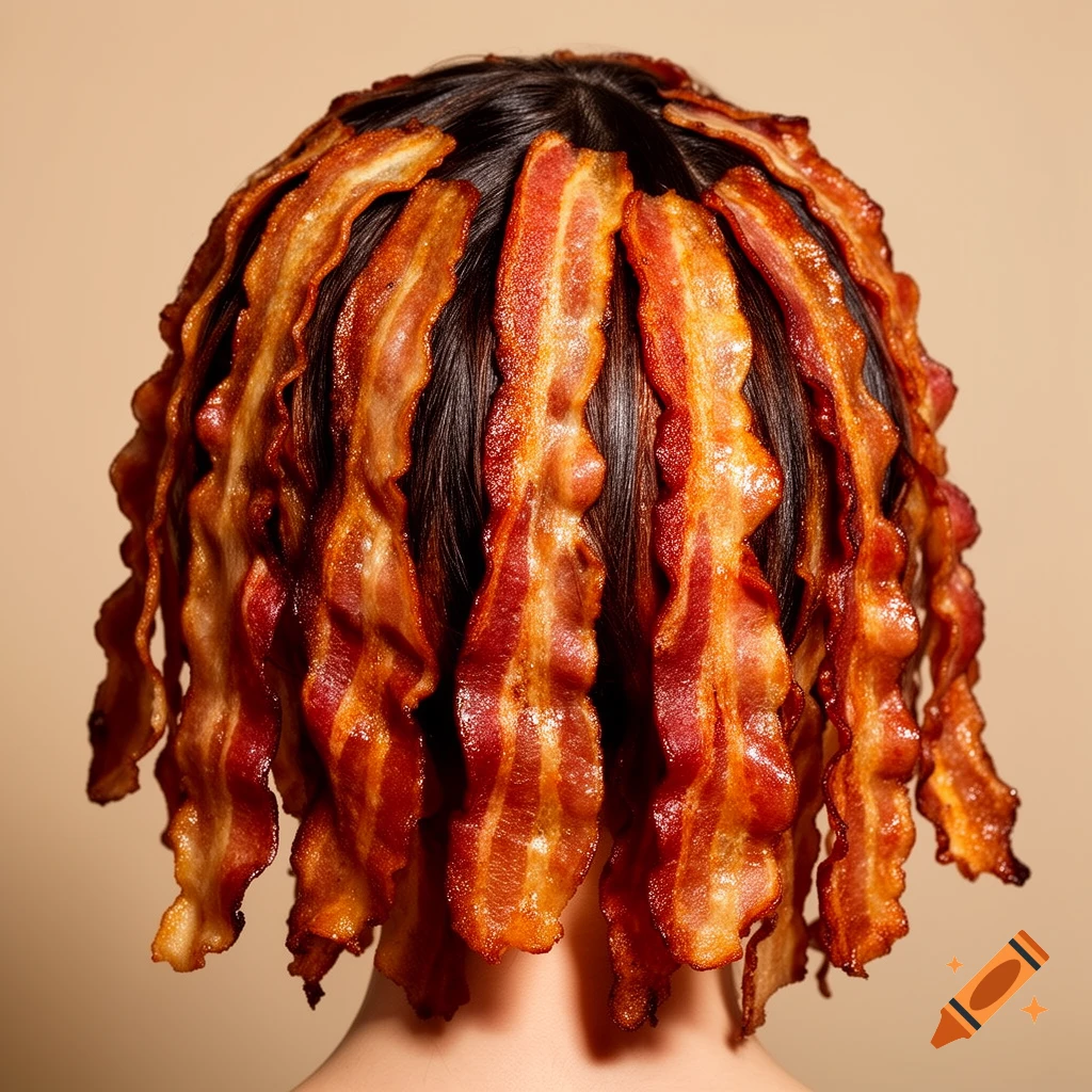 A person's head from behind, with crispy bacon strips styled as hair against a beige background.