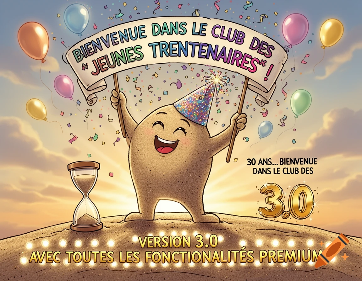 A cartoon sand-like character in a party hat holds a banner saying "Welcome to the Club of Young Thirtysomethings!". Balloons and confetti surround the scene with an hourglass and the text "30 ANS... WELCOME TO THE CLUB OF 3.0 VERSION 3.0 WITH ALL PREMIUM FEATURES" visible.