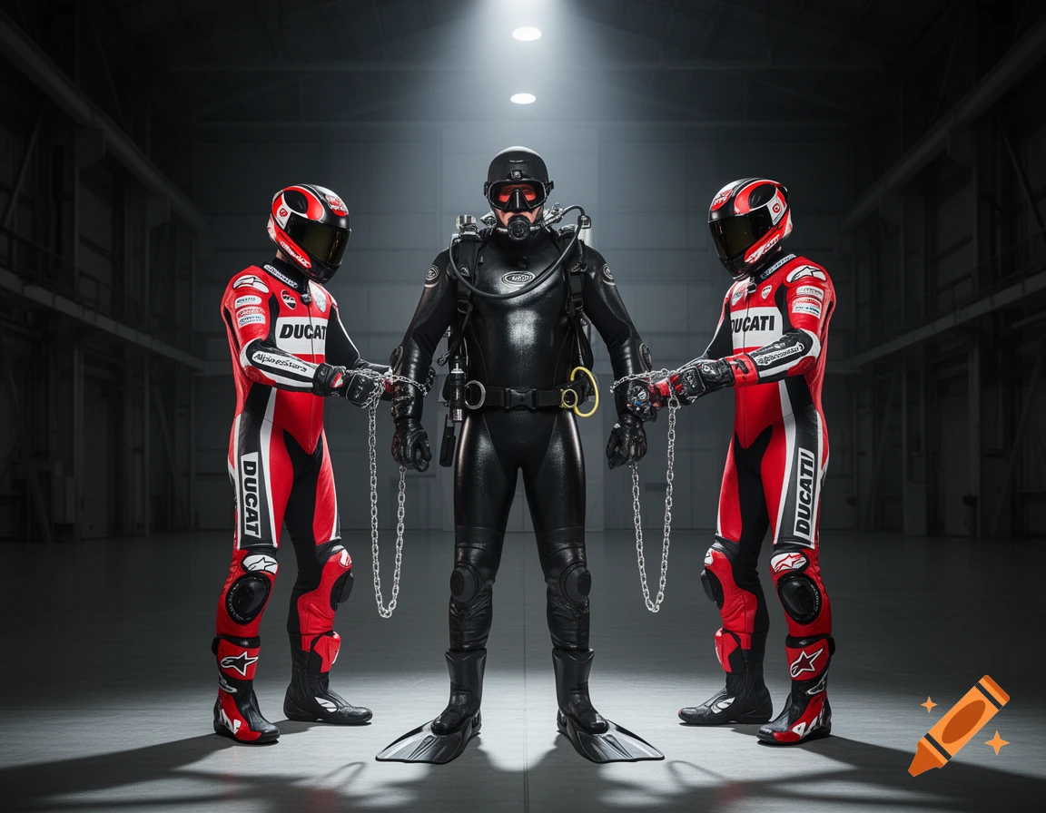 A diver in a black wetsuit and flippers is chained by two motorcycle racers in red and white Ducati racing suits in a stark, dimly lit room.