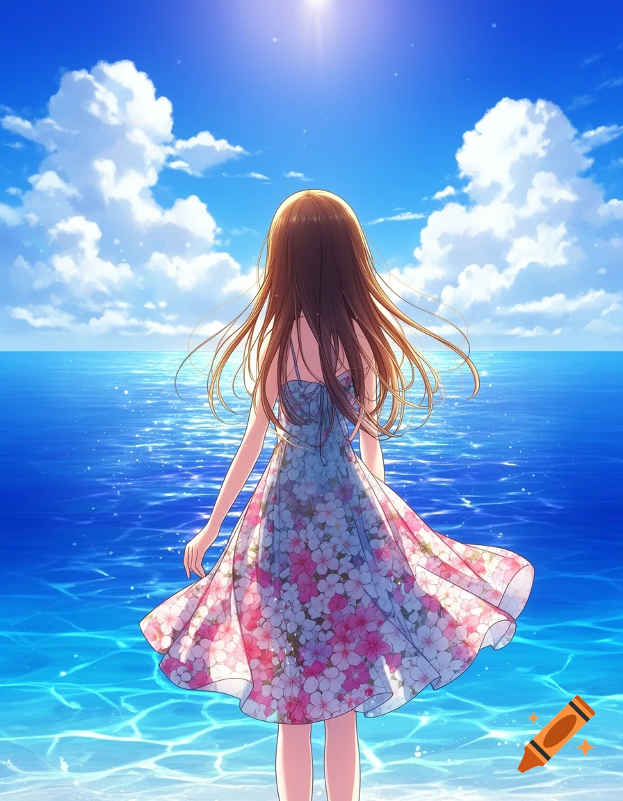 Anime girl with long brown hair in a floral dress stands by a sparkling blue ocean under a sunny sky.
