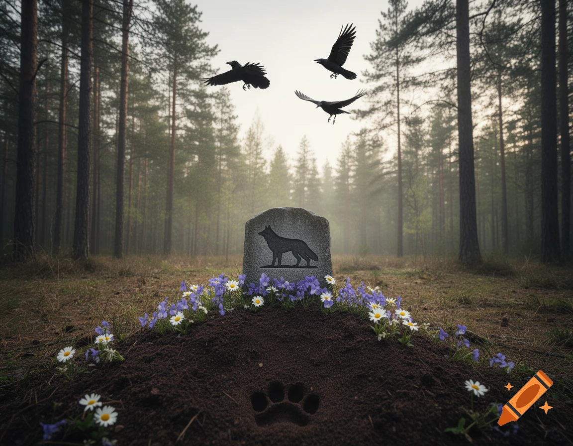 A photorealistic image of a wolf's grave in a misty forest, with a tombstone, flowers, a paw print, and three crows flying.