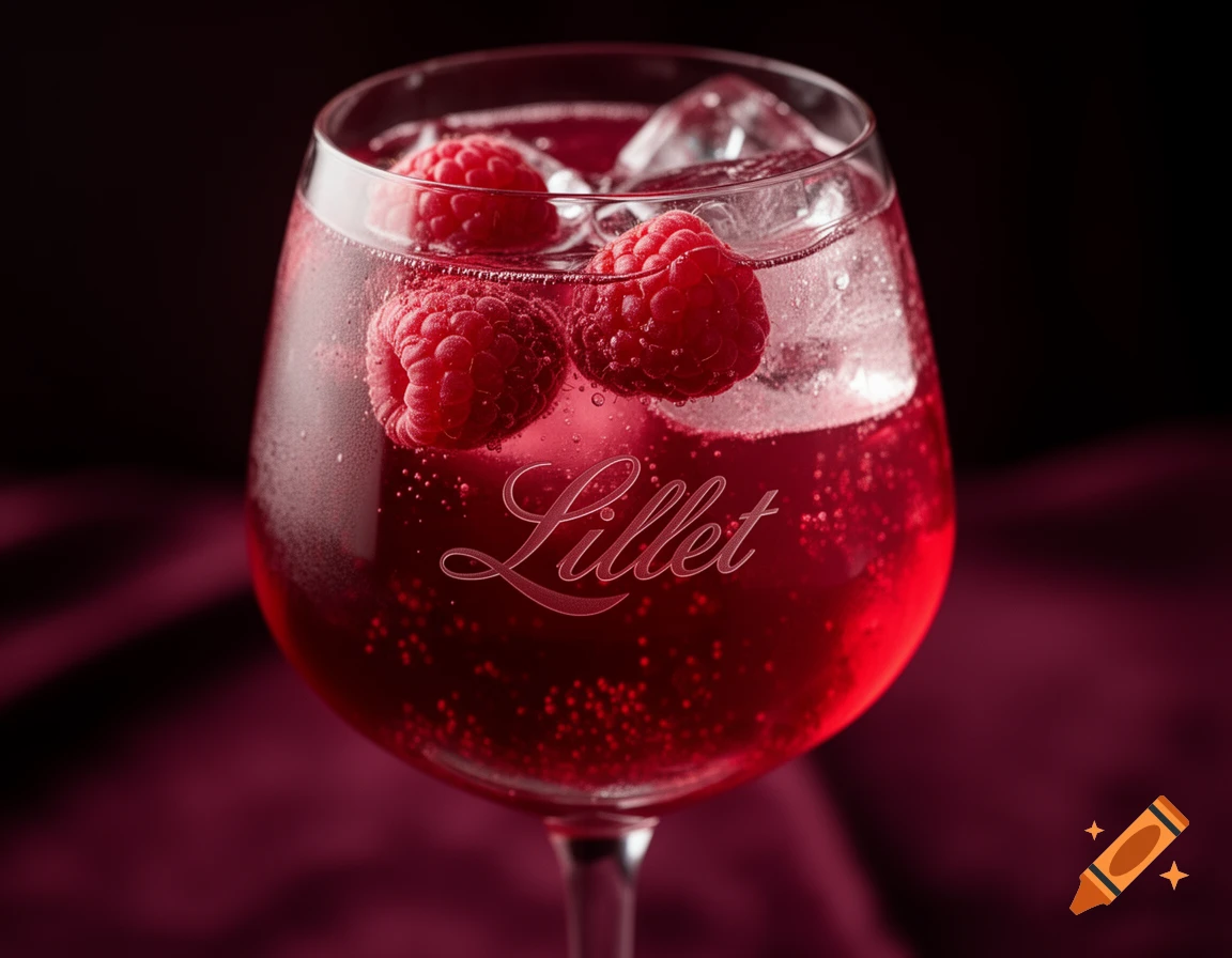 Photorealistic close-up of a wine glass with red Lillet drink, ice, and raspberries, with 'Lillet' on the glass, against a dark background.