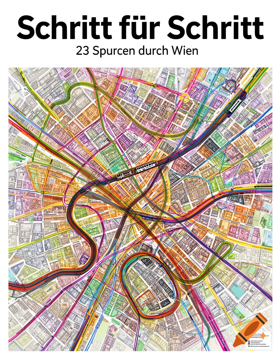 A colorful, abstract poster map of Vienna with intertwined tram and subway lines forming a network of walking routes. Title reads "Schritt für Schritt".