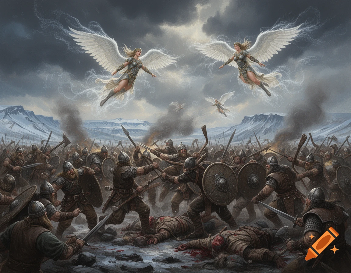 Chaotic fantasy illustration of Norse Viking warriors battling on a snowy field, with winged Valkyries descending from a cloudy sky.