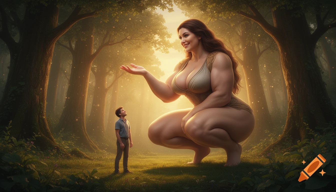 A photorealistic fantasy image of a giant woman squatting, extending her hand towards a small man looking up at her in a magical forest clearing.