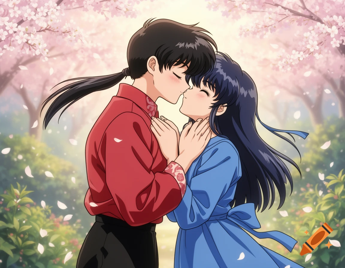 Anime man with a ponytail kissing a woman with long dark hair under pink cherry blossom trees.