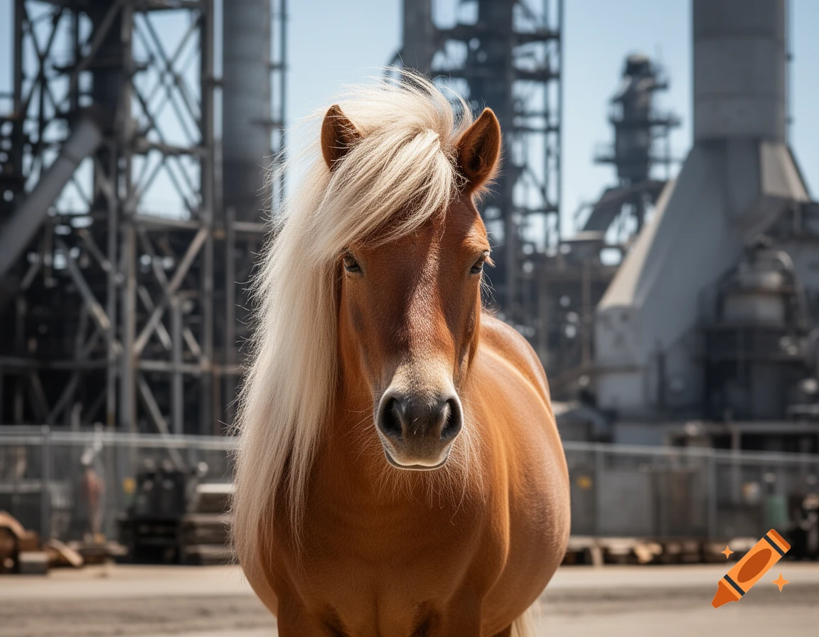A brown pony with a flowing blonde mane stands centered, facing forward, against a blurred industrial factory backdrop on a sunny day.