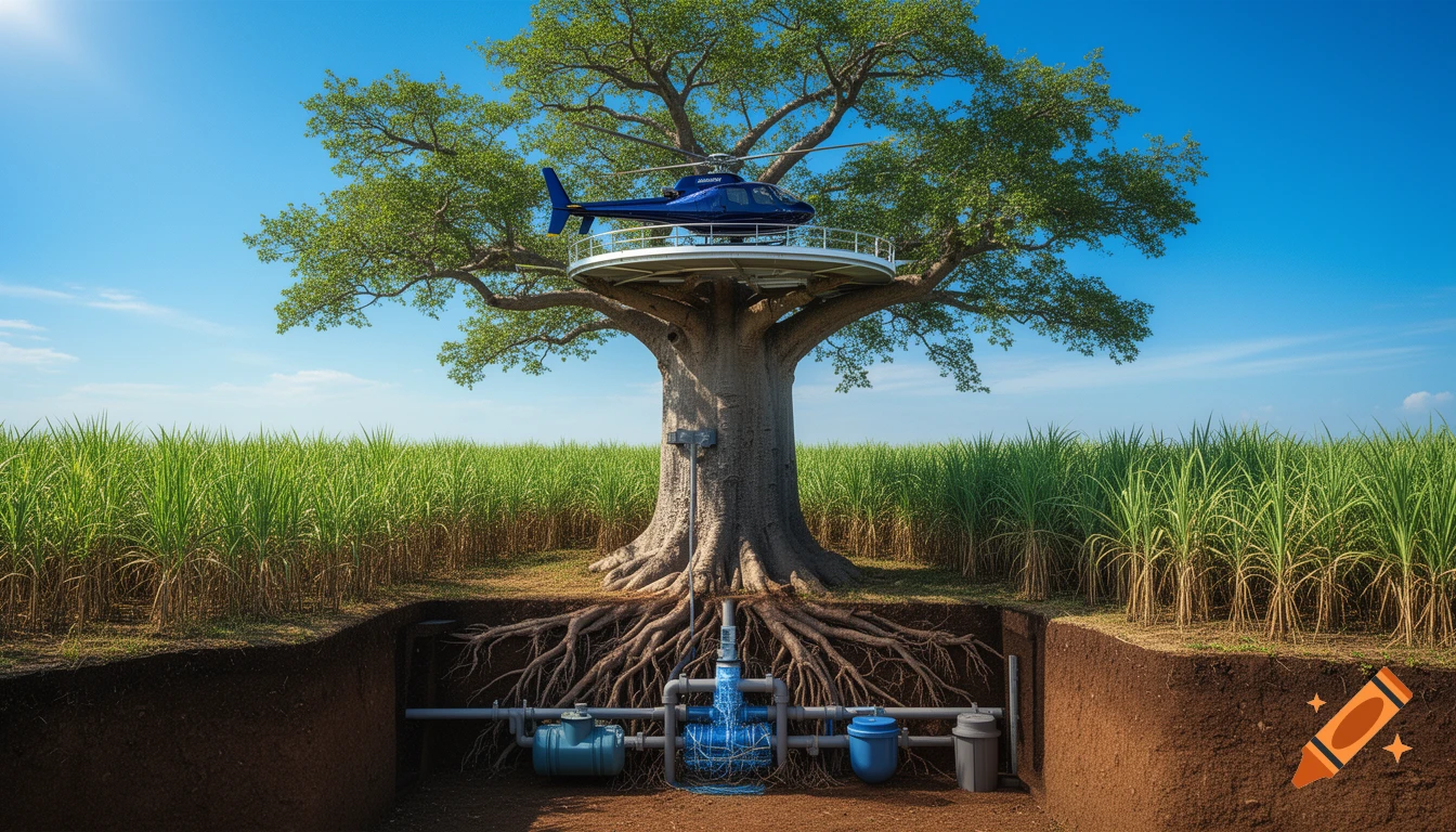 A giant baobab tree with a helicopter helipad, surrounded by a sugarcane field, revealing an underground piping system beneath its roots.