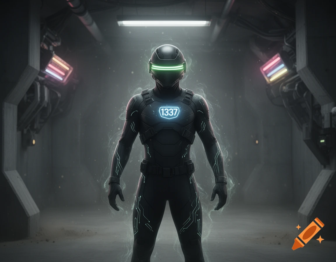 A futuristic character in a dark armored suit with a glowing green visor and '1337' on the chest stands in a sci-fi setting.