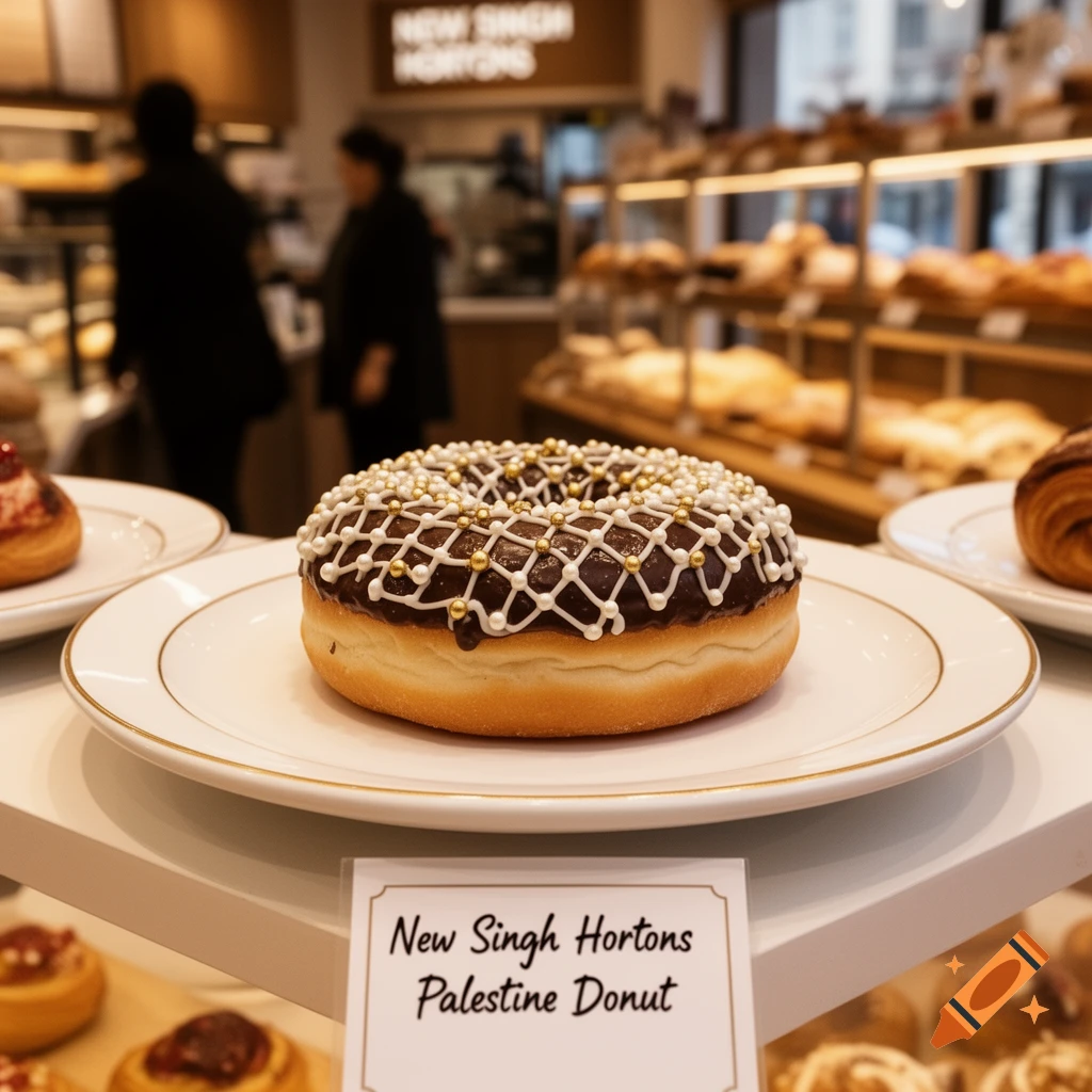 A chocolate-frosted donut with white icing lattice and gold and white sprinkles on a white plate in a bakery, with a sign reading "New Singh Hortons Palestine Donut"