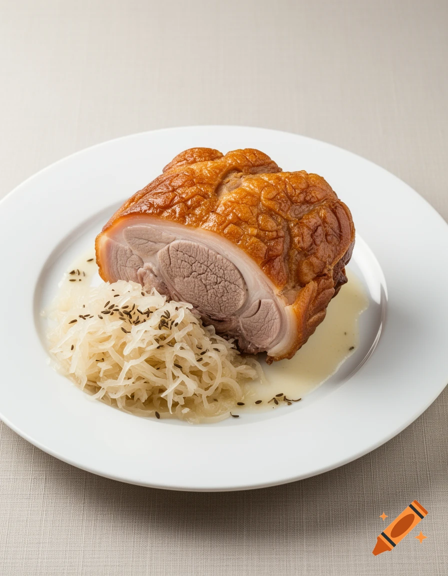 A cooked pork hock (Eisbein) and sauerkraut on a white plate, in a professional food photography style.