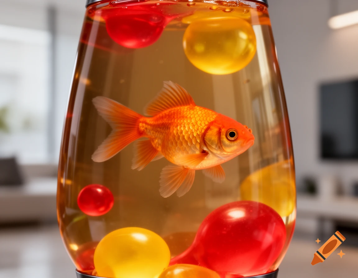 A goldfish swims inside a lava lamp with red and yellow liquid blobs.