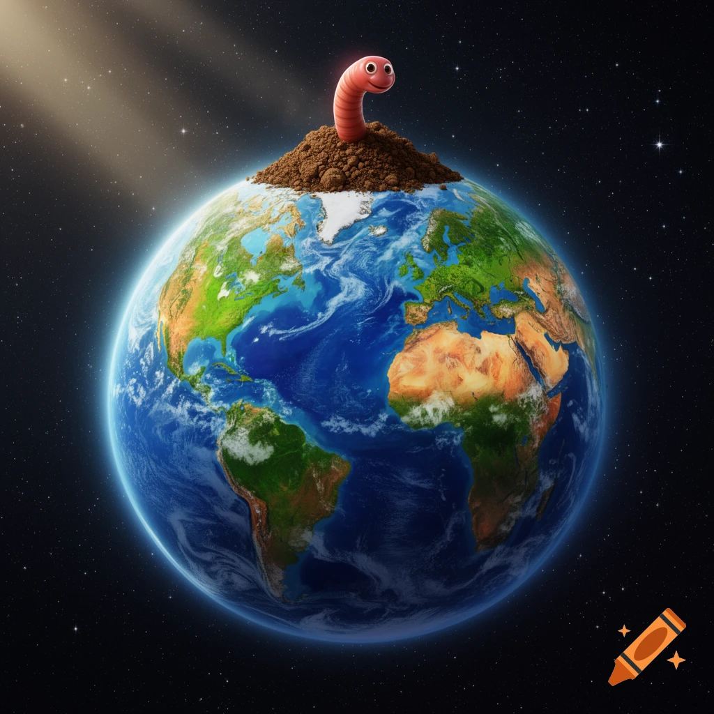 A cute pink cartoon worm with a smiley face emerges from a dirt mound on top of a realistic Earth, set against a starry space background.