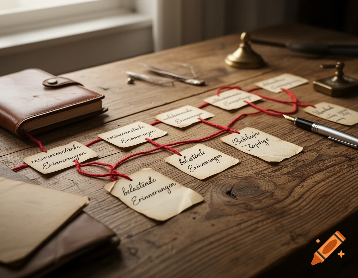 A close-up of a wooden desk with a brown journal, pen, and paper tags connected by a red string, forming a timeline of memories.