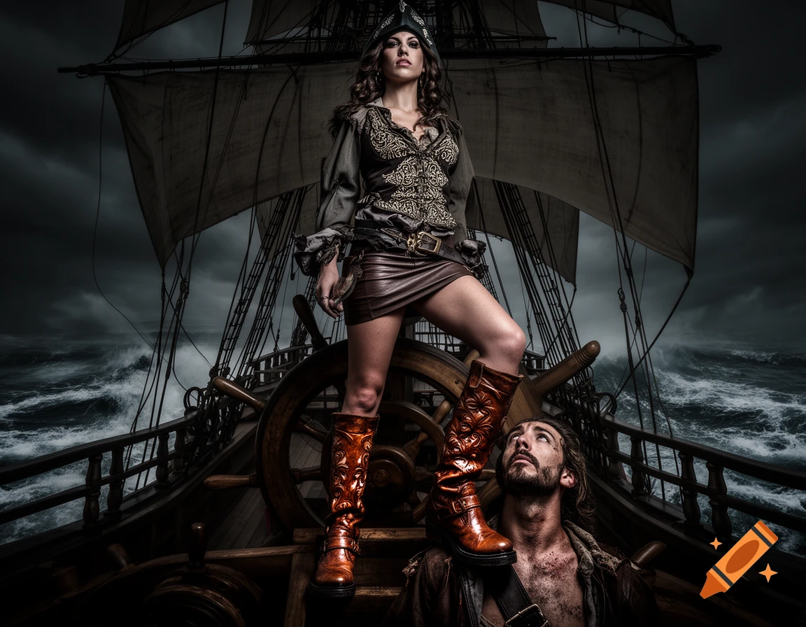 A female pirate captain in a mini skirt and boots stands on a ship's deck with her boot on a sailor's face under a stormy sky.