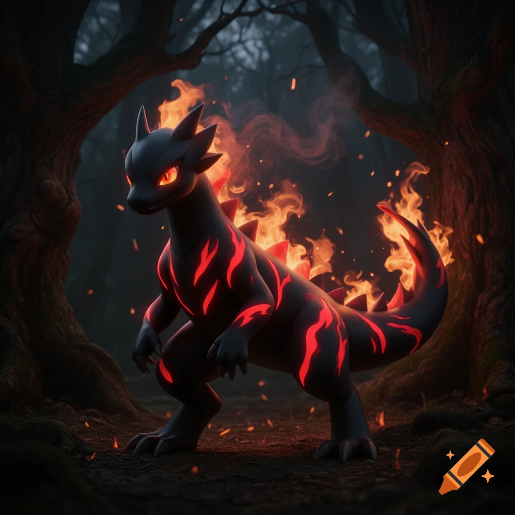 A dark, fire-infused lizard creature with glowing red patterns and eyes stands in a dimly lit, spooky forest.