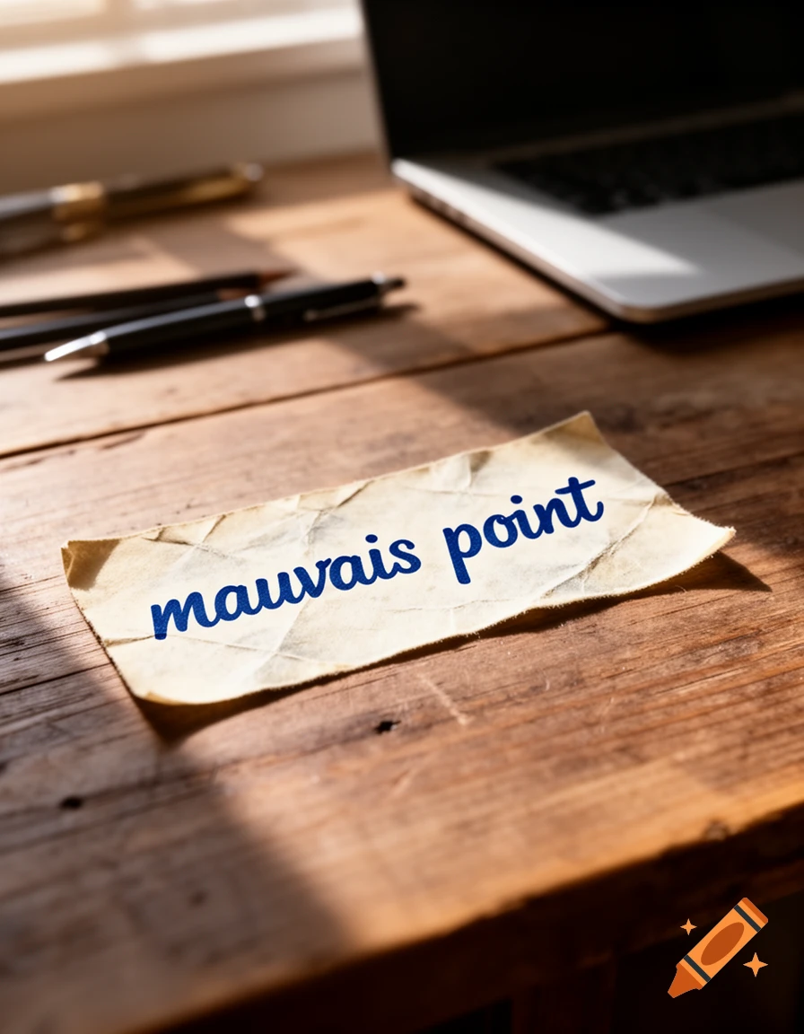 A piece of crumpled paper with 'mauvais point' written in blue ink lies on a wooden desk next to a laptop and pens.