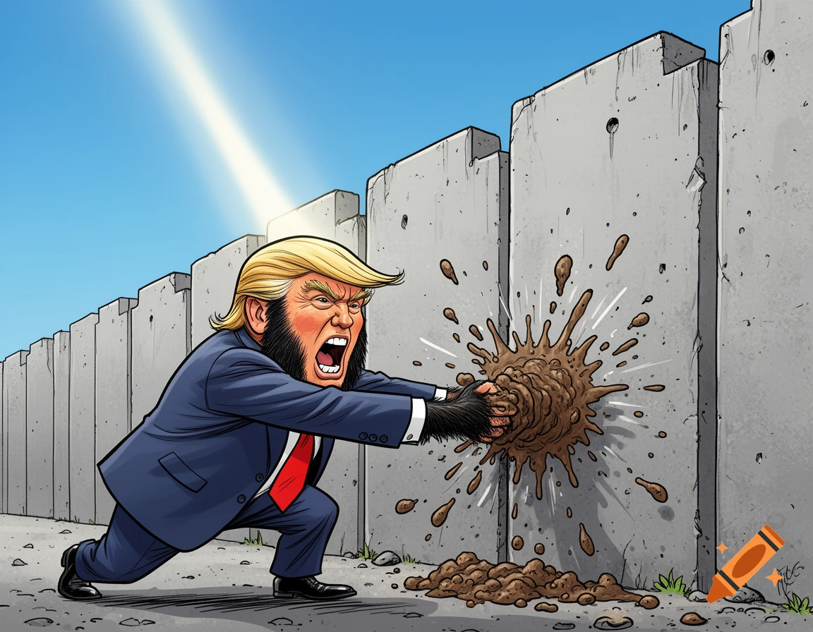 Cartoon caricature of Donald Trump with ape features, yelling and throwing mud at a concrete wall under a sunny sky.