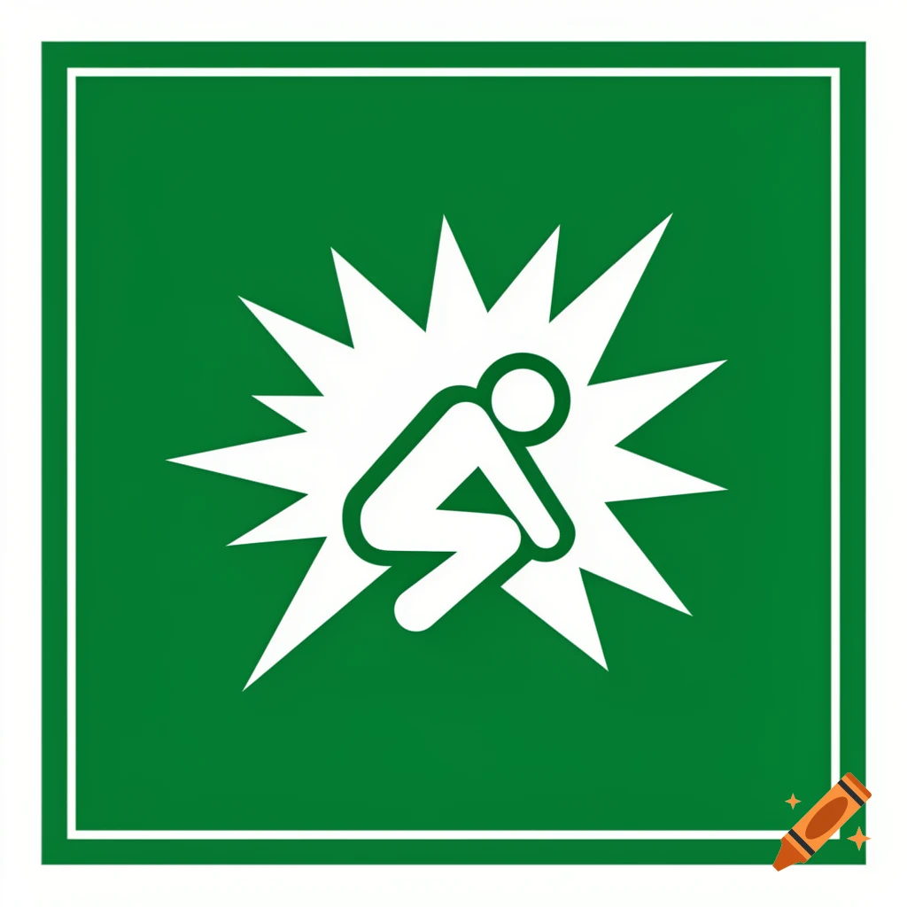 A minimalist square safety sign with a green background and a white outline, featuring a white pictogram of a crouching person within a starburst.