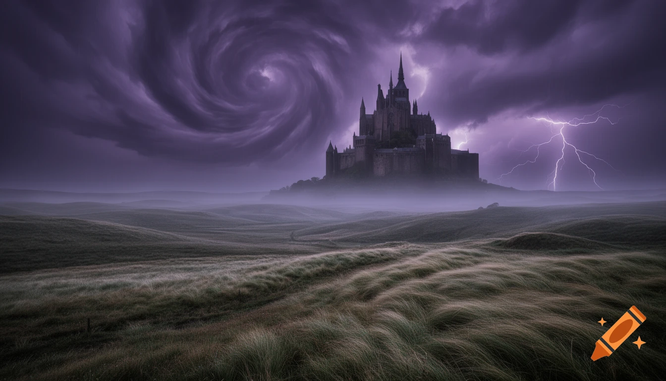 A dark, medieval-style castle on a misty hill under a dramatic purple stormy sky with lightning and a swirling cloud.