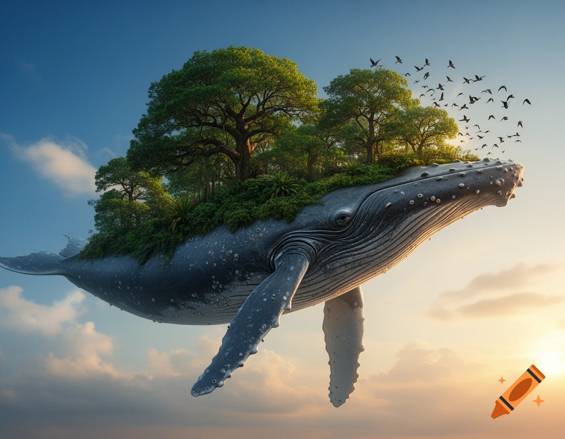 A giant whale with a forest on its back flies through a cloudy sunset sky, with a flock of birds above.