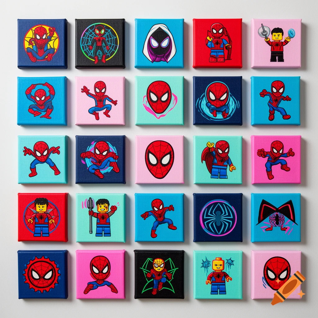 A grid of 25 small, colorful square canvases, each featuring a unique Spider-Man, Spider-Gwen, or Lego Spider-Man character, or a Spider-Man logo.