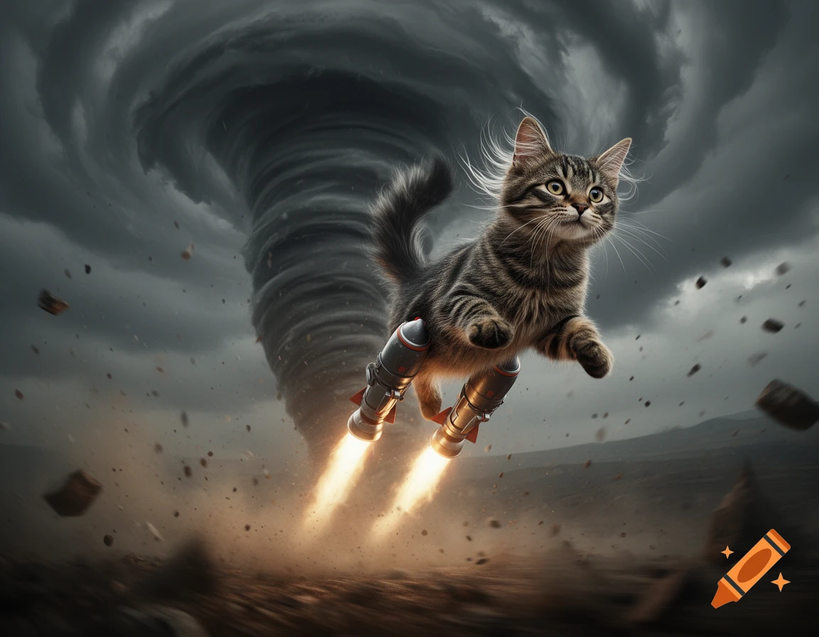 A tabby cat with rocket boosters on its back legs flies away from a massive, swirling tornado under a dark, stormy sky.