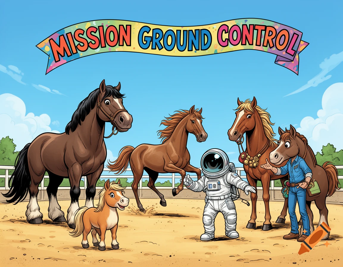 A colorful comic-style illustration of five horses and a small astronaut in a sandy arena under a banner reading 'MISSION GROUND CONTROL'.