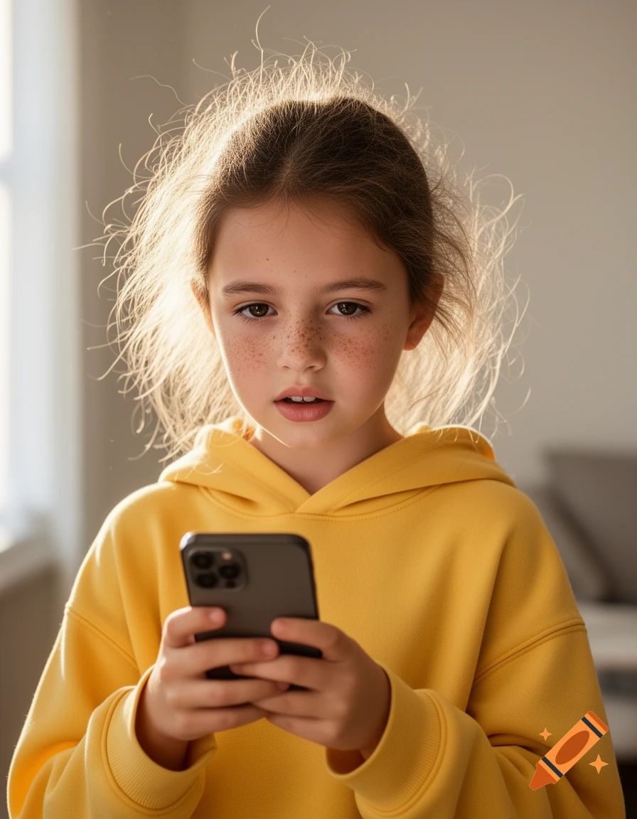 A young girl with freckles and frizzy hair wears a yellow hoodie and holds a smartphone, looking directly forward.