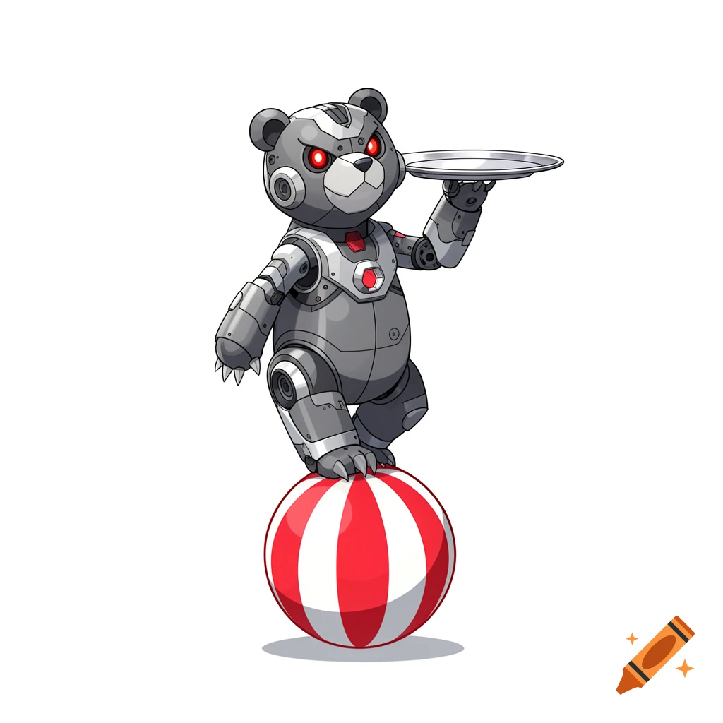 A cartoon gray robot bear with red eyes balances on a red and white striped ball, holding an empty silver serving tray.
