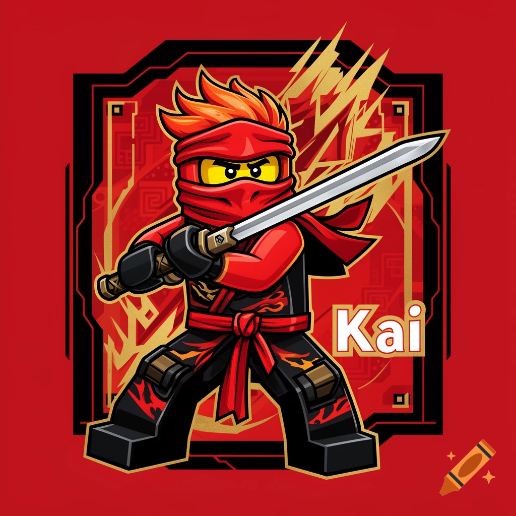 A stylized cartoon illustration of Lego Ninjago character Kai in a red ninja suit, holding a silver sword, against a red and gold abstract background. The name "Kai" is written in white.